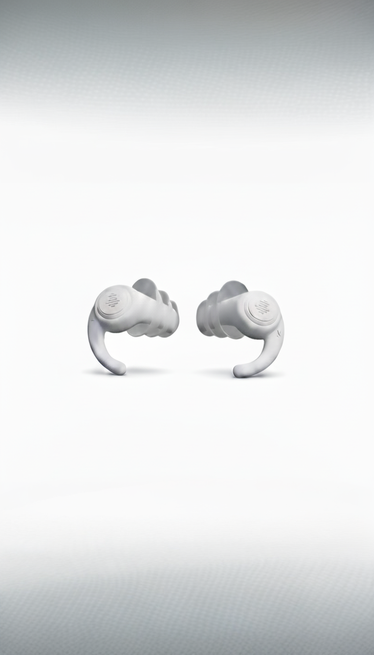 Pair of white earplugs on a light gray background